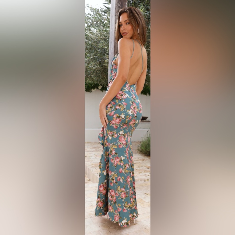 HELLO MOLLY ONE SHOULDER SATIN MAXI DRESS GREEN W PINK FLORAL SIZE XSMALL NWT - Picture 7 of 17